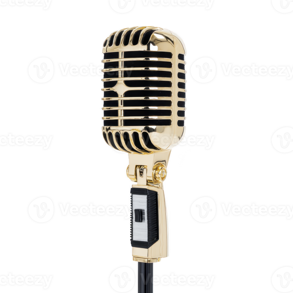 Vintage style gold microphone with classic design, featuring black grille and sleek handle, evokes sense of nostalgia and elegance, perfect for performances or recordings png