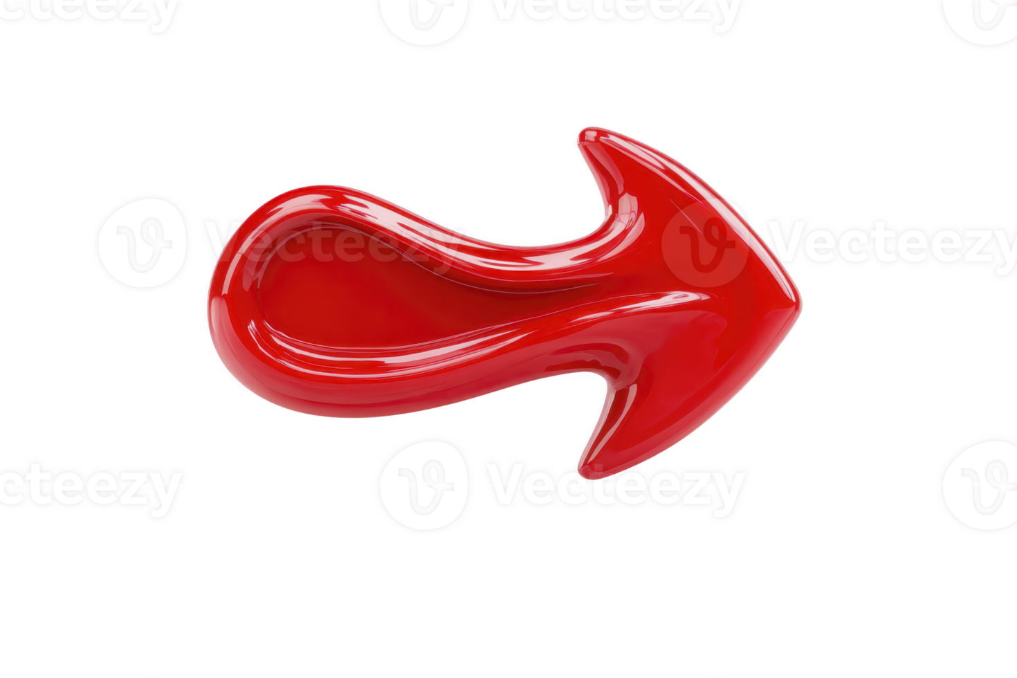 Shiny, red, 3D arrow with curved design points to right, symbolizing direction or movement. glossy finish adds modern and dynamic feel png