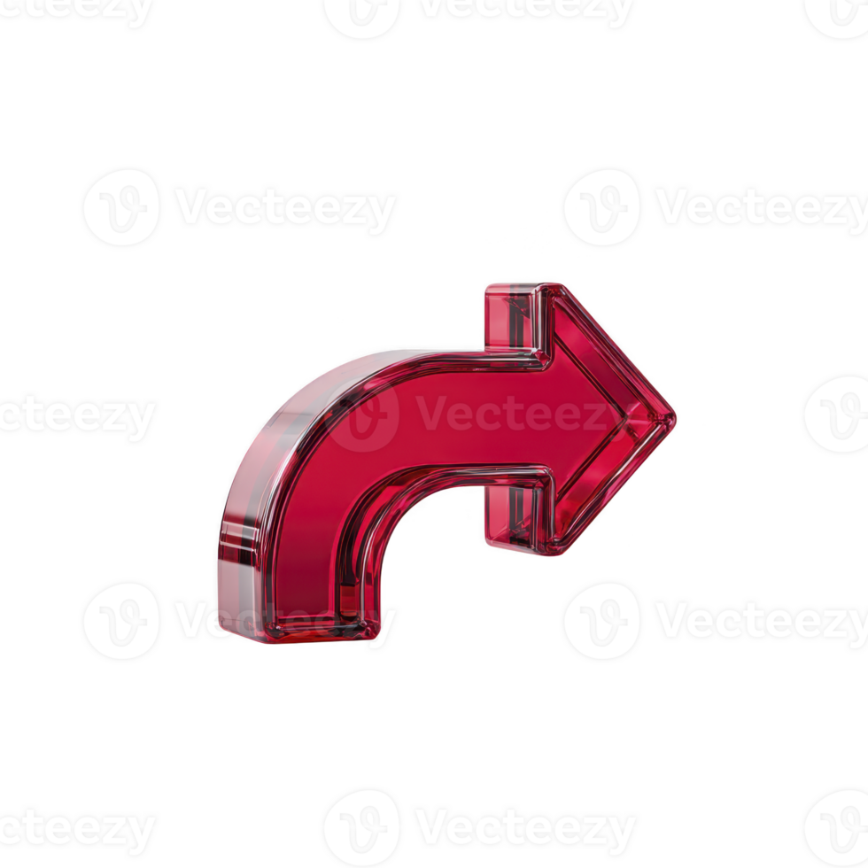 Shiny red 3D arrow icon with curved design pointing to right, isolated on transparent background. glossy finish gives it modern and sleek appearance png