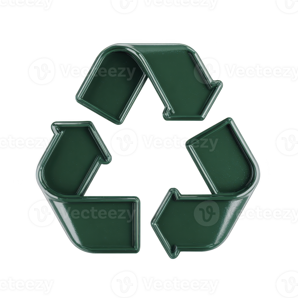 Green 3D recycling symbol with three arrows forming triangle, representing sustainability and environmental conservation. glossy finish adds modern touch png