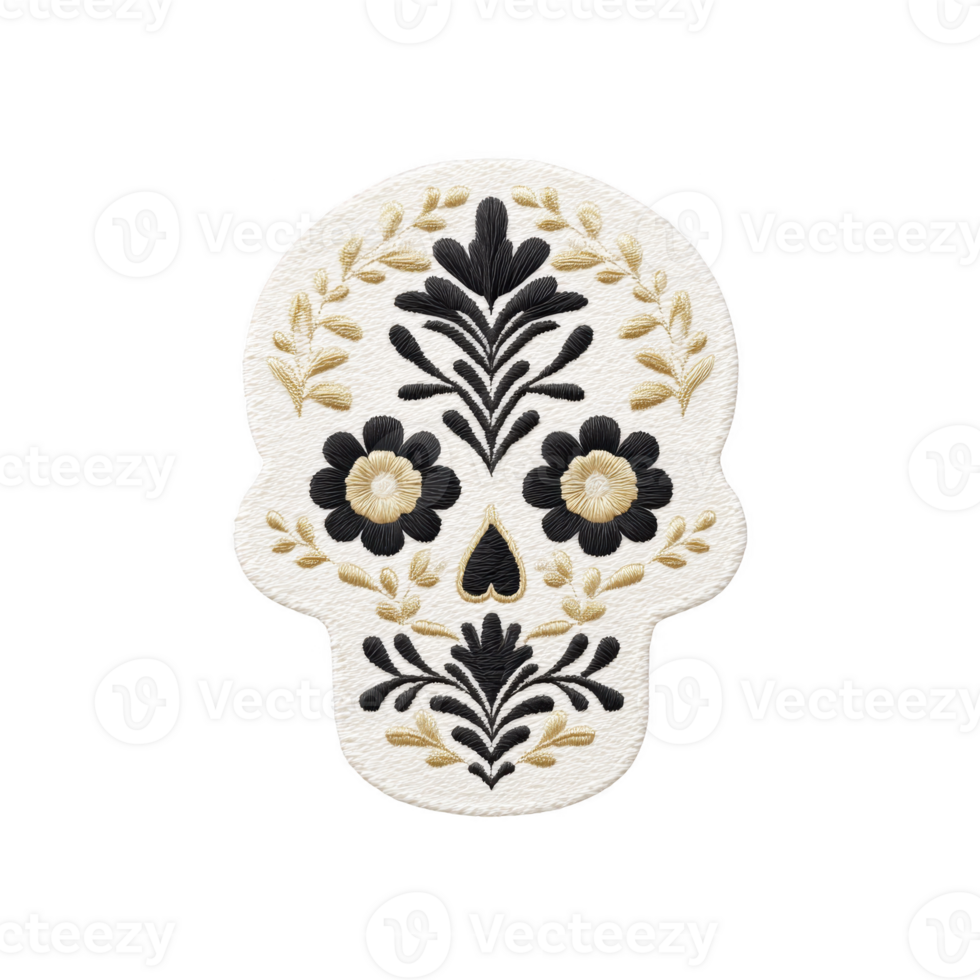 This features decorative sugar skull design with intricate floral patterns black and gold transparency background. design is often associated with Day of Dead celebration.sugar skull design with png