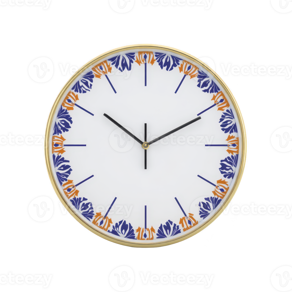 Elegant wall clock with gold frame and floral design, featuring blue and orange accents on white face. minimalist style and classic look make it perfect home decor piece png