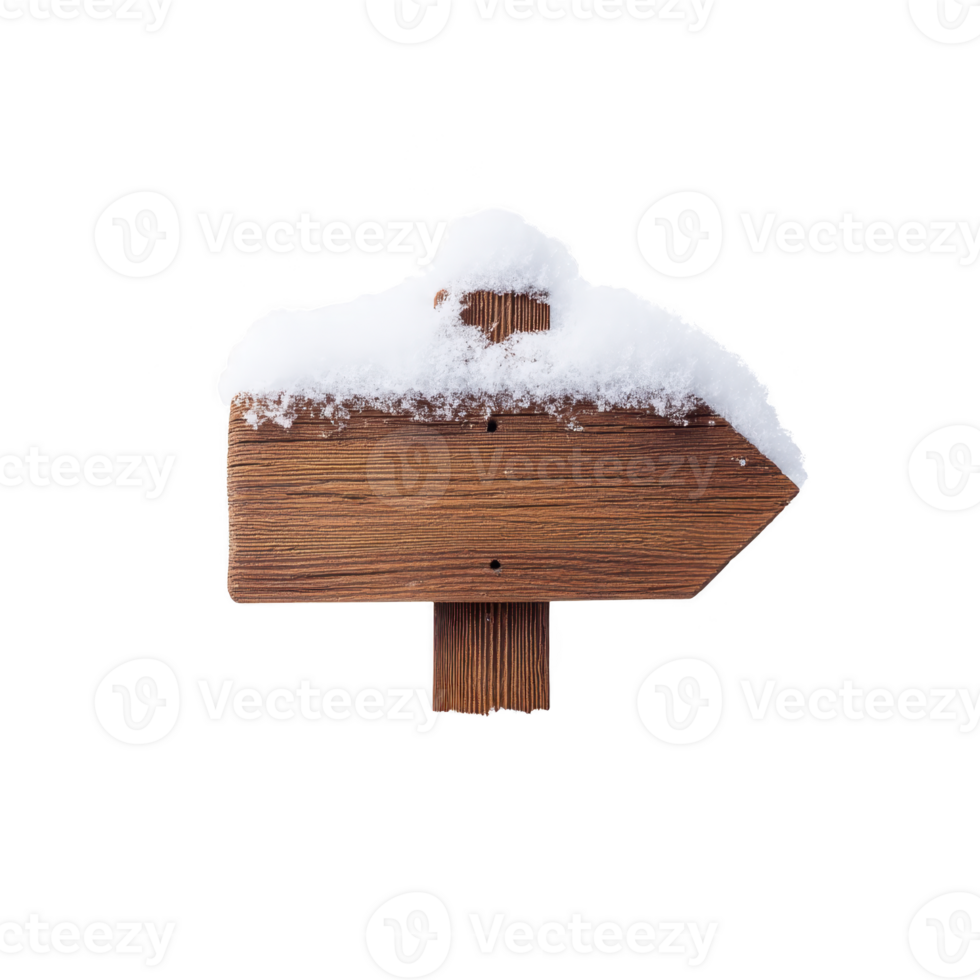 Wooden arrow sign covered in snow points to right, suggesting wintery path or direction. rustic texture of wood contrasts with soft, white snow, creating cozy, seasonal feel png