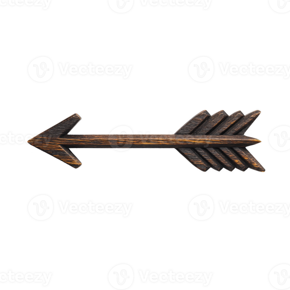Rustic wooden arrow with dark finish, featuring pointed tip and feathered tail, isolated on transparency background. arrow exudes vintage charm, ideal for decor png