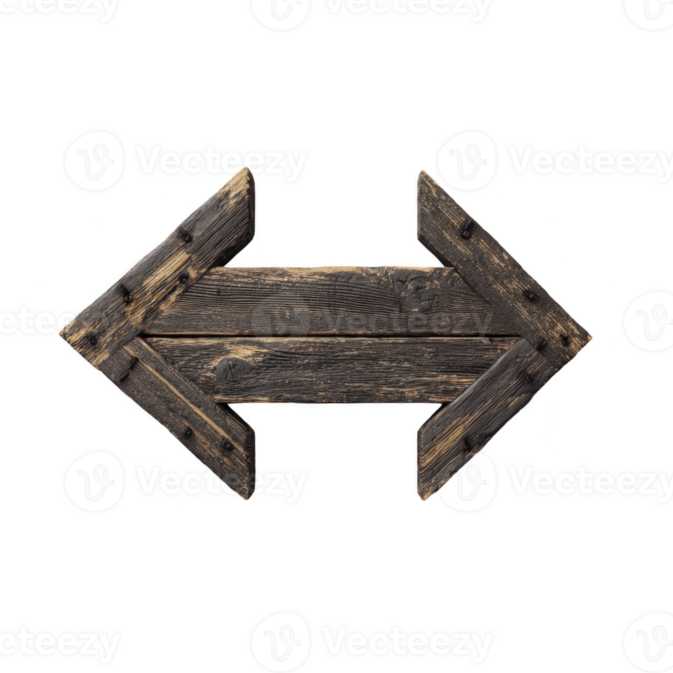 Rustic wooden double arrow sign with weathered texture, pointing in opposite directions, isolated on transparency background. Perfect for navigation or directional themes png