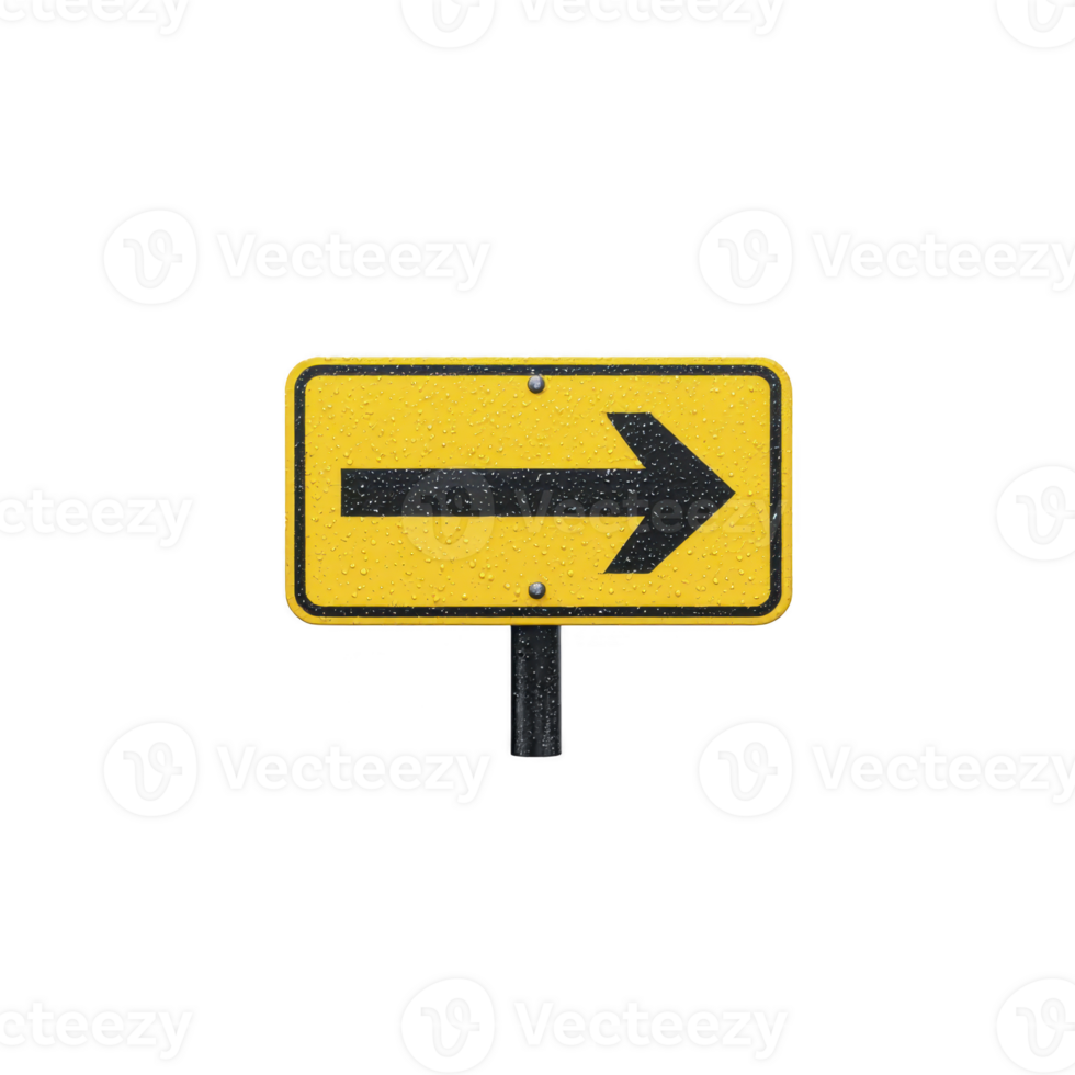 Yellow road sign with black arrow pointing right, indicating direction or navigation. sign is mounted on post and is used for traffic guidance png