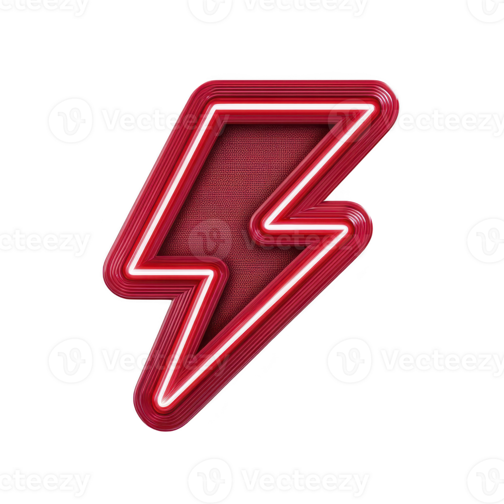 Glowing red neon lightning bolt sign on transparency background, symbolizing energy and power. vibrant design is eye catching and modern, perfect for dynamic themes png