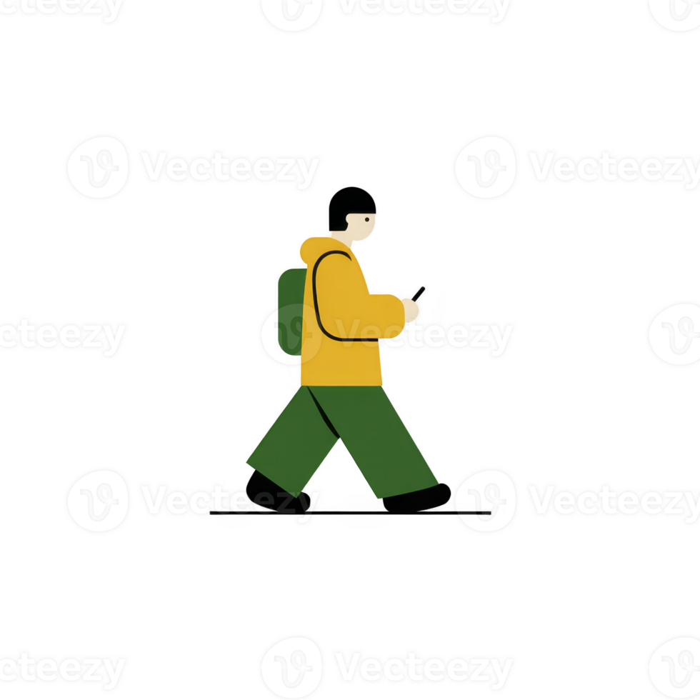Person in yellow jacket and green pants walks while looking at phone, carrying backpack. illustration is simple and minimalistic, conveying sense of movement and focus png