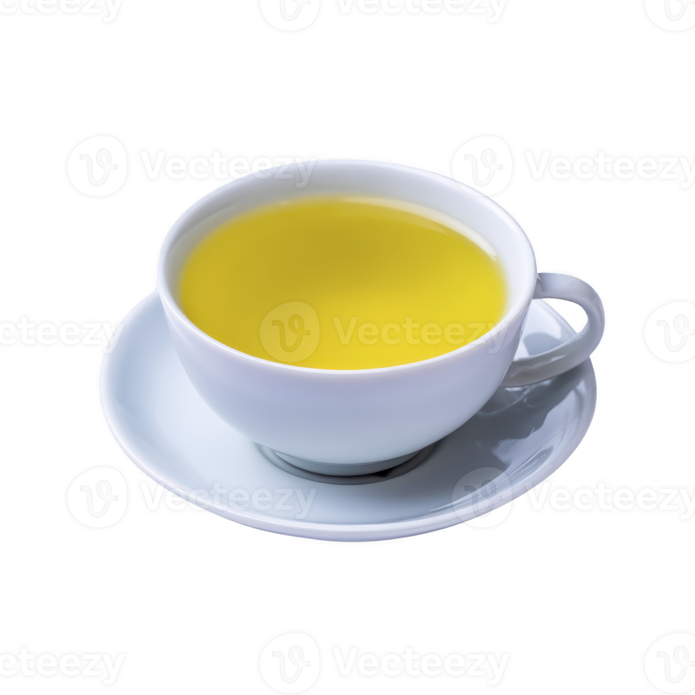 White ceramic cup filled with vibrant yellow tea sits on matching saucer, creating calming and inviting scene. smooth surface of cup enhances warm, soothing appearance of tea png
