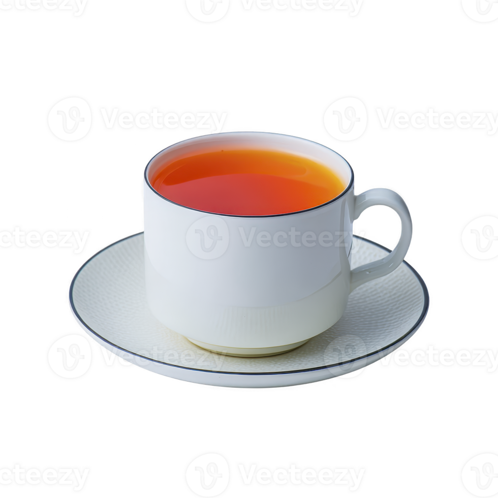 White ceramic cup filled with hot tea sits on matching saucer, creating simple and elegant presentation. tea rich amber color contrasts with cup clean design png