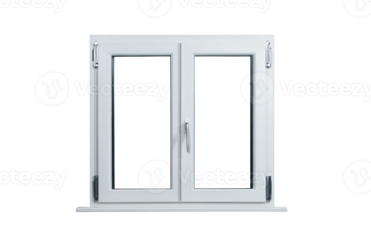 White double pane window with modern design, featuring central handle and sleek frame, isolated on transparency background. window is closed and has minimalist appearance png