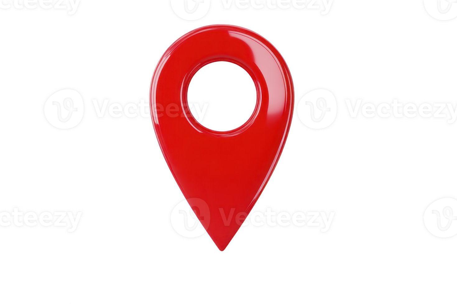 Shiny red map pin icon with circular hole in center, symbolizing location or navigation. pin is isolated on transparency background, emphasizing its vibrant color and sleek design png