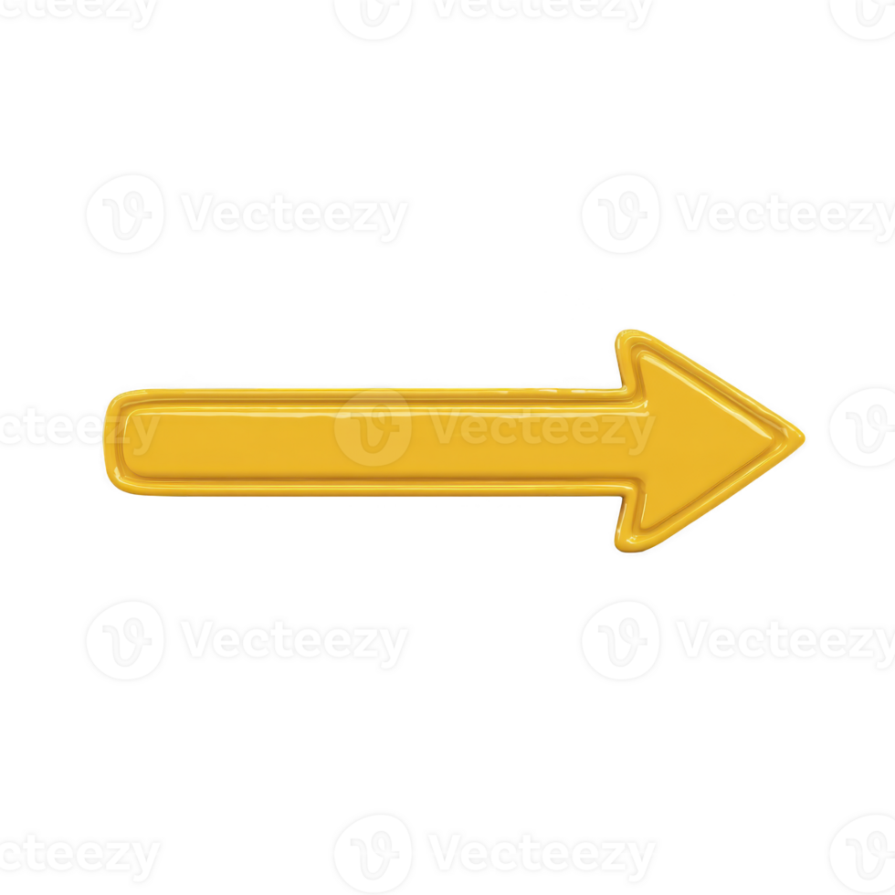 Shiny yellow arrow pointing to right on transparent background, symbolizing direction or navigation. arrow is bold and glossy, making it stand out for use in design projects png