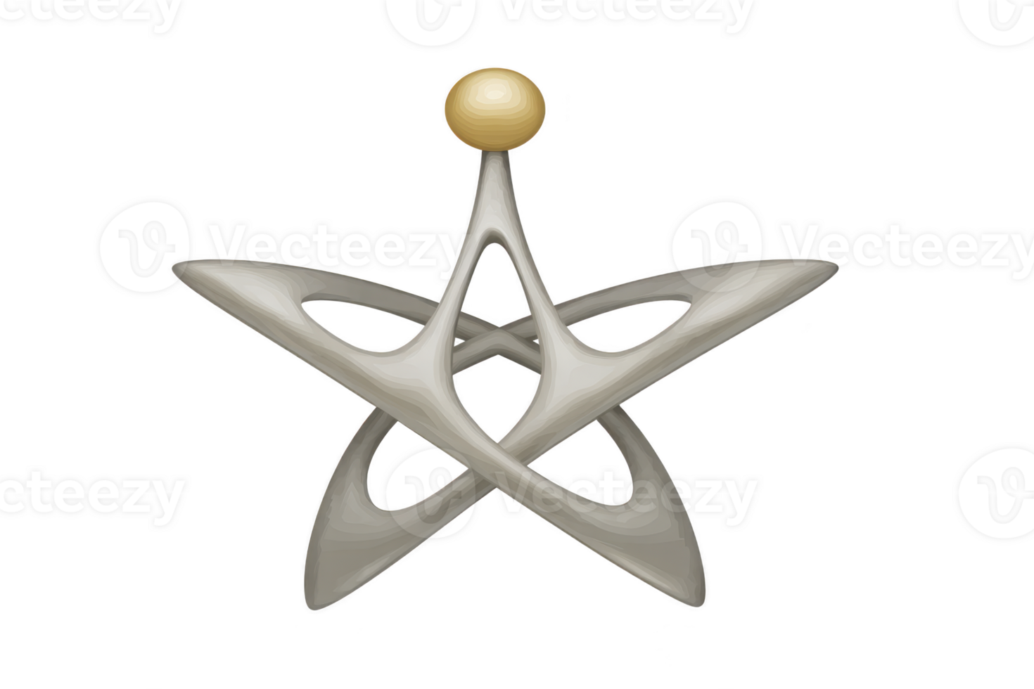 Sleek, abstract 3D sculpture with metallic finish features intertwined loops and central golden sphere, evoking sense of modern elegance and dynamic movement png