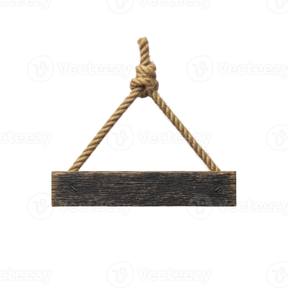 Rustic wooden sign hangs from thick, textured rope, evoking sense of vintage charm and simplicity. dark wood contrasts with natural fiber, creating classic, timeless look png