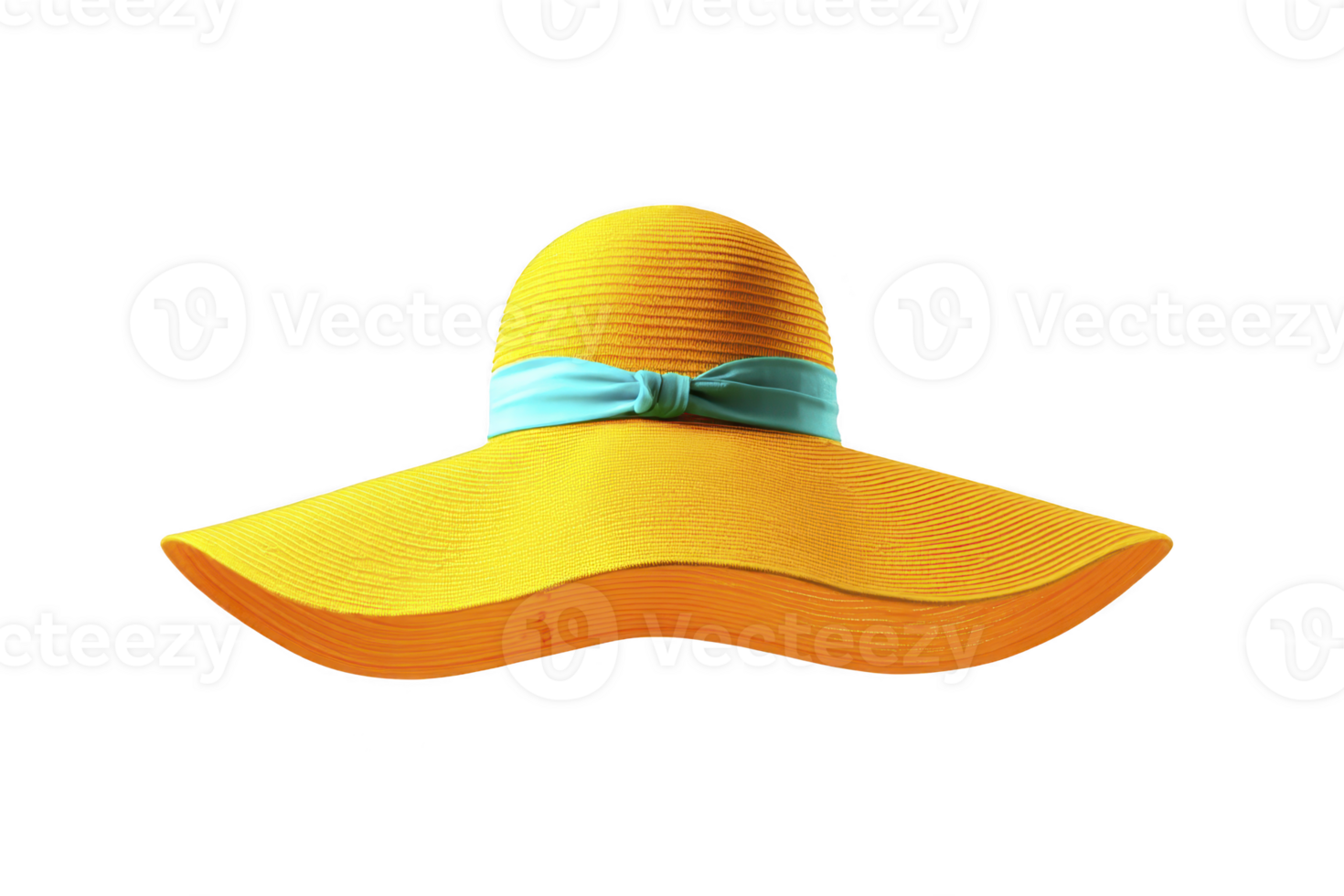 Vibrant yellow wide brimmed sun hat with stylish blue ribbon, perfect for sunny days and beach outings, offering both fashion and sun protection png