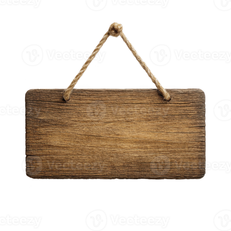 Rustic wooden sign with rope hanger, perfect for adding personalized message or decoration. natural wood texture adds vintage charm to any setting png