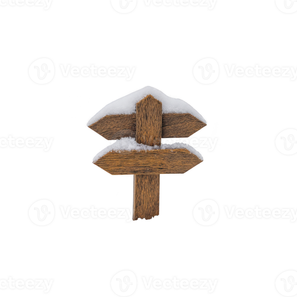 Wooden signpost with two arrow shaped planks covered in snow, isolated on transparency background, evokes sense of winter navigation png