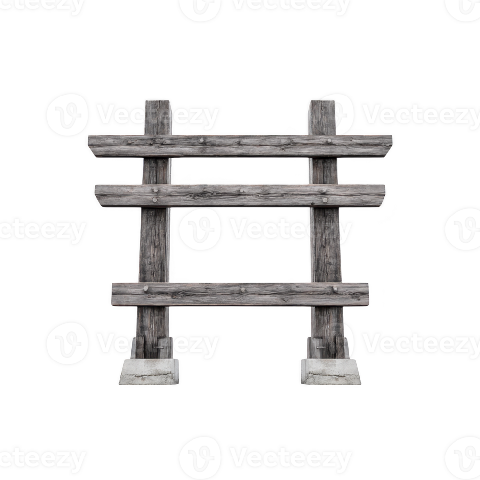 Rustic wooden fence section with three horizontal planks and two vertical supports, showcasing weathered texture. structure is simple yet sturdy, evoking sense of rural charm png