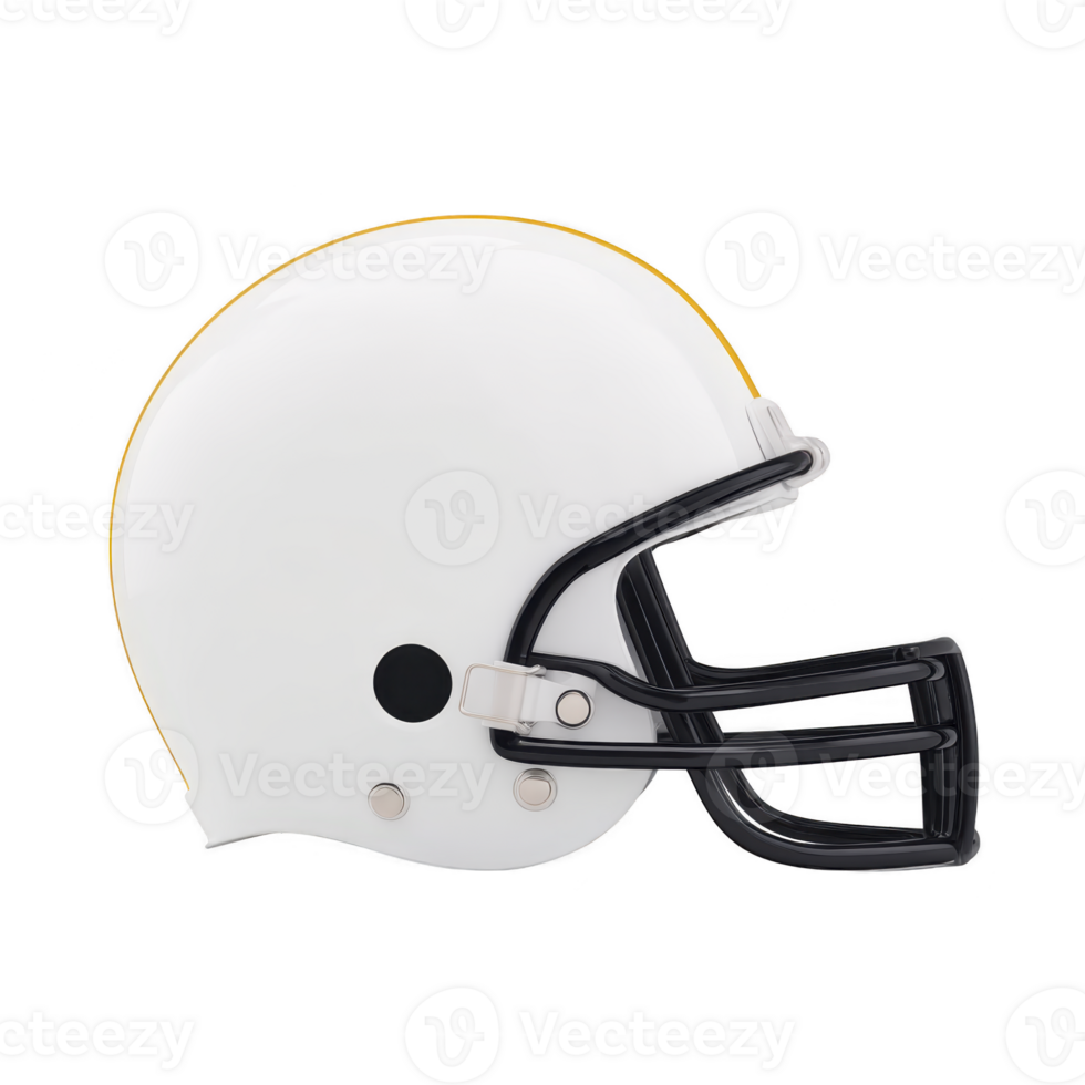 White football helmet with black faceguard is shown in side view, highlighting its sleek design and protective features. helmet is isolated on plain background png