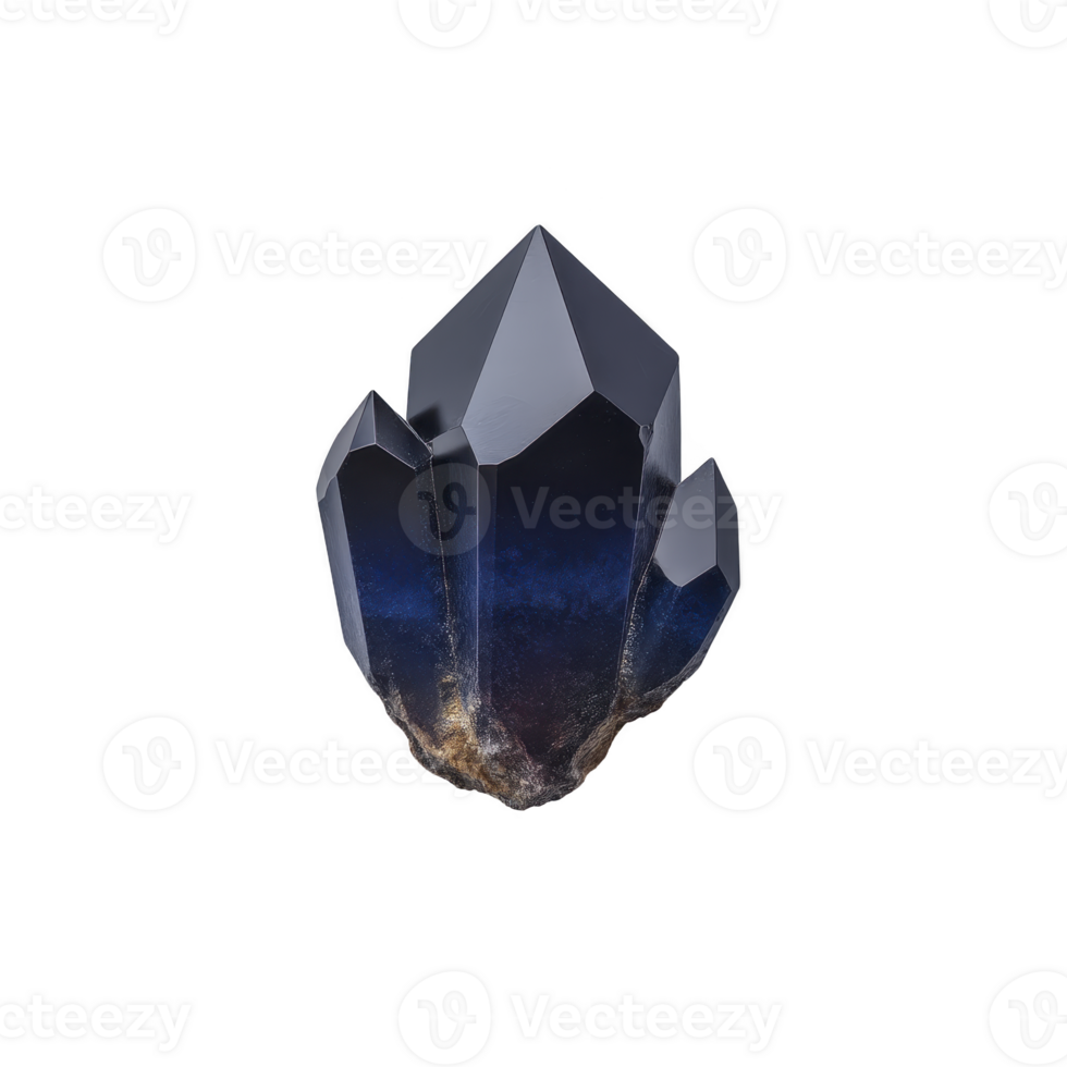 Striking blue crystal with sharp, angular facets and glossy surface, set against transparency background, exudes sense of mystery and elegance png