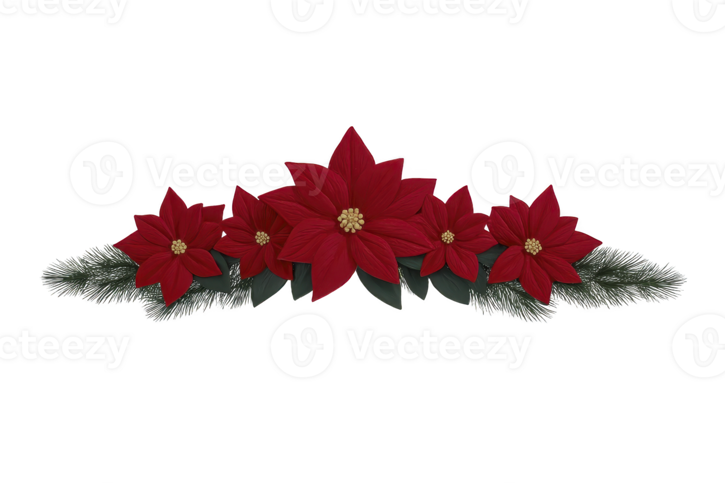 Festive arrangement of red poinsettias and green pine branches creates classic holiday decoration, perfect for Christmas celebrations. vibrant red flowers contrast beautifully with lush greenery png