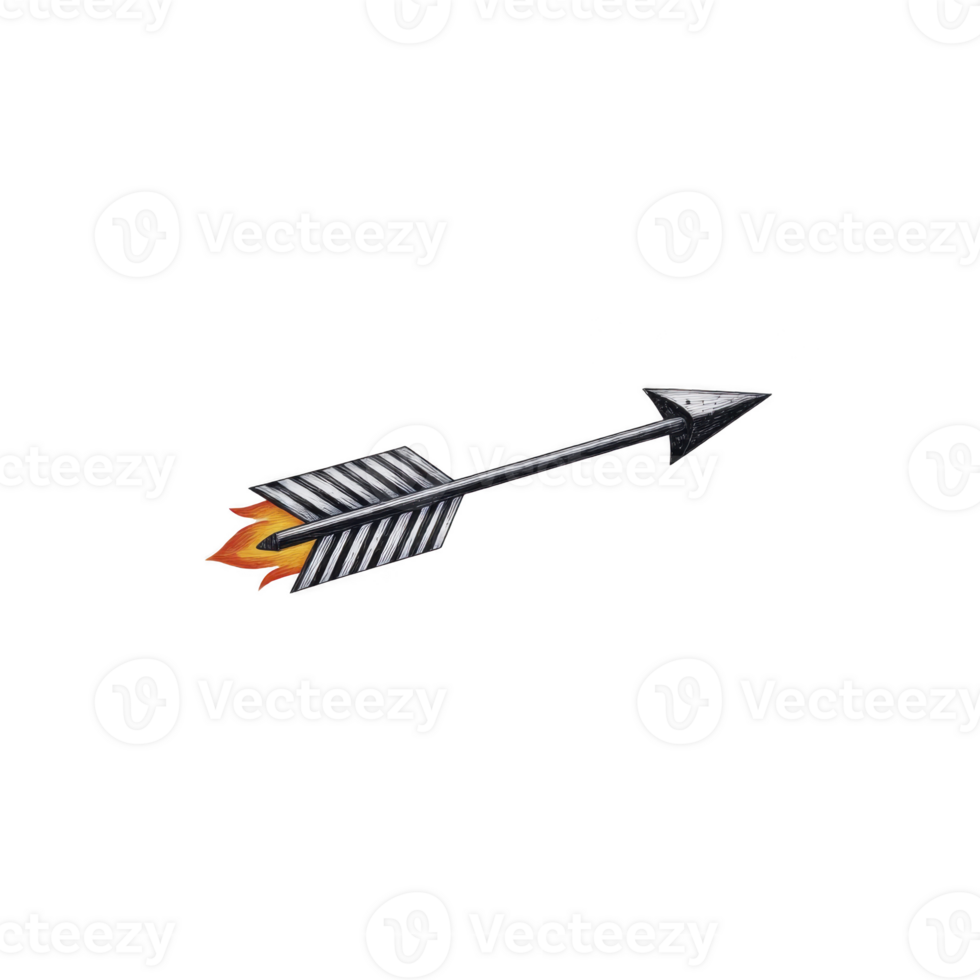 Black and white striped arrow with fiery tail, symbolizing speed and direction, is depicted on transparent background. design is dynamic and eye catching png