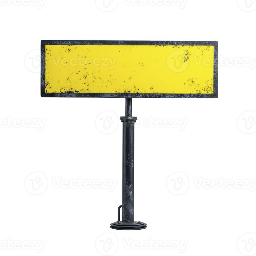 Weathered, rectangular yellow sign with black border stands on sturdy black pole, isolated on transparency background. sign surface shows signs of aging and wear png