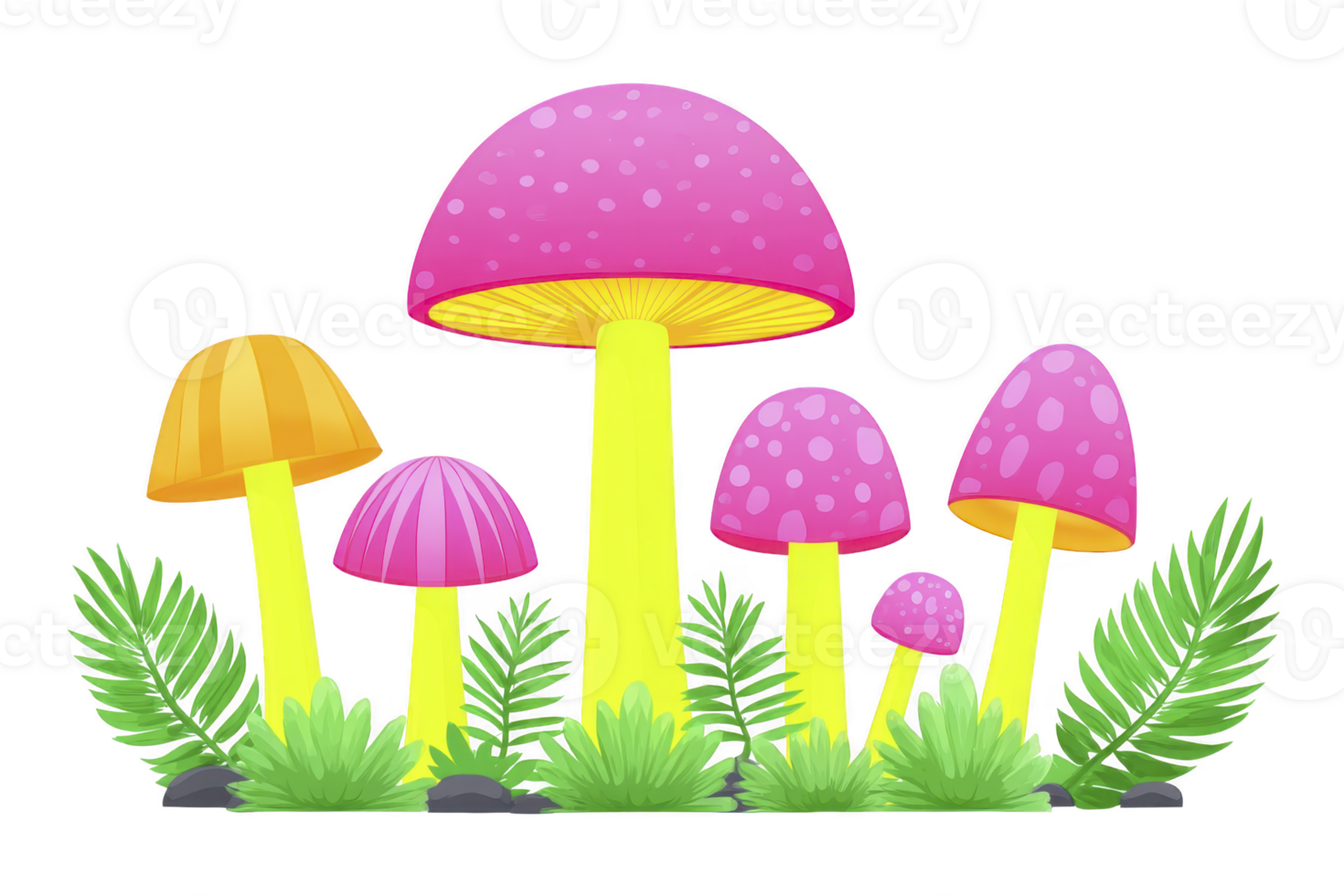 Colorful mushrooms with pink and orange caps and yellow stems surrounded by green ferns and grass, creating whimsical and vibrant scene png