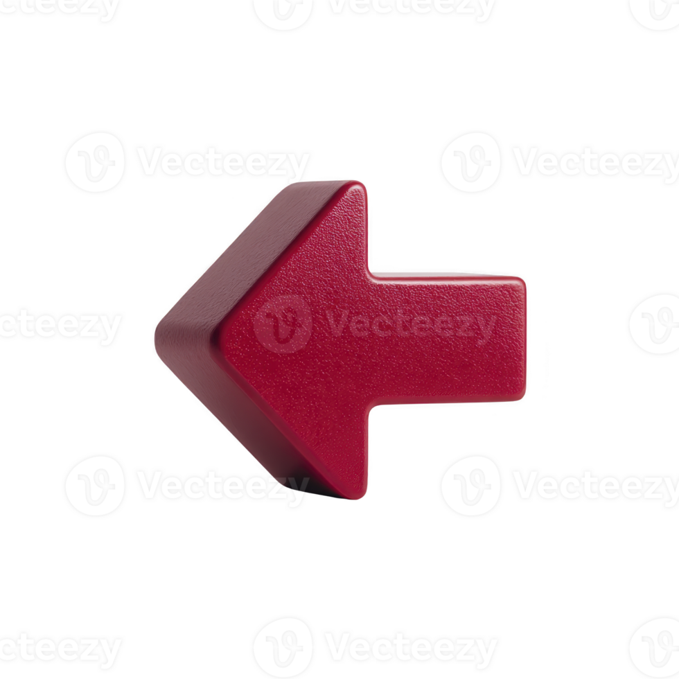 Red 3D arrow pointing left, isolated on transparency background, symbolizes direction and navigation. arrow bold color and design make it eye catching and clear for guidance png