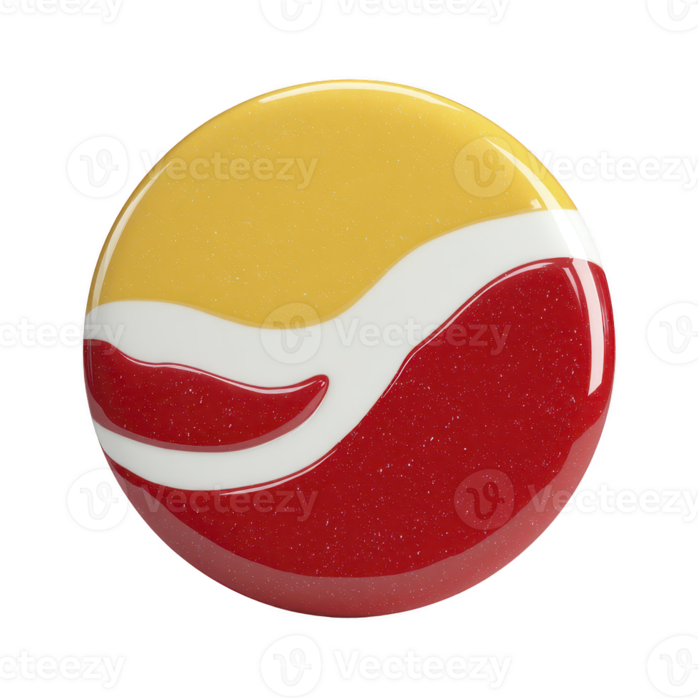 Round, glossy button features vibrant design with yellow top half and red bottom half, separated by wavy white line. colors are bold and eye catching, creating modern and abstract look png