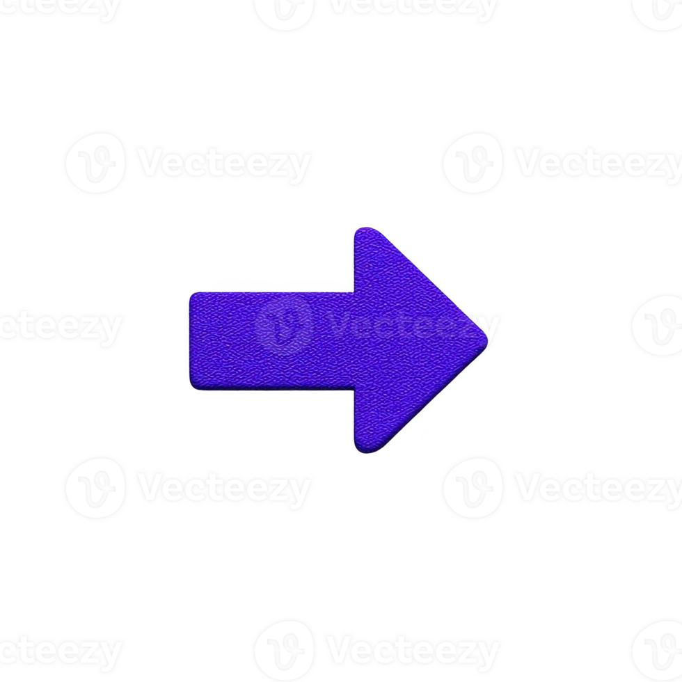 Vibrant purple arrow pointing to right on transparency background, symbolizing direction or movement. arrow has textured surface, adding tactile dimension to its appearance png