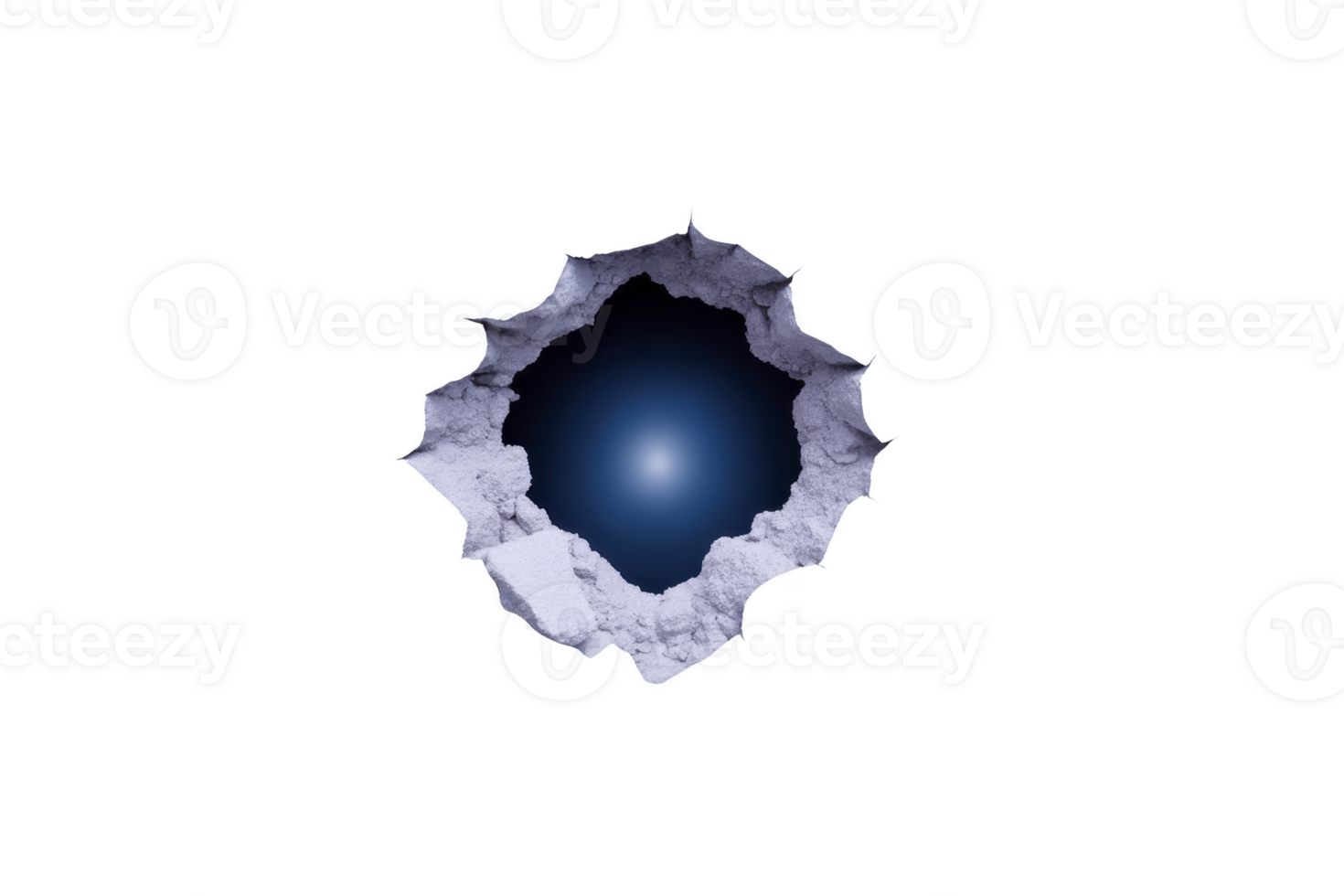 Blue sphere emerges from jagged hole in textured surface, creating striking contrast. scene evokes curiosity and intrigue, with sphere appearing to break through barrier png