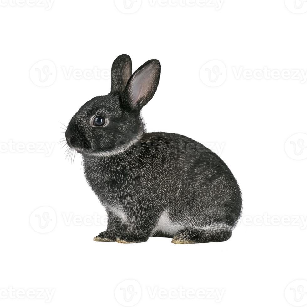 Cute black rabbit with white accents sits calmly, showcasing its soft fur and alert ears. rabbit gentle expression and detailed fur texture create lifelike appearance png