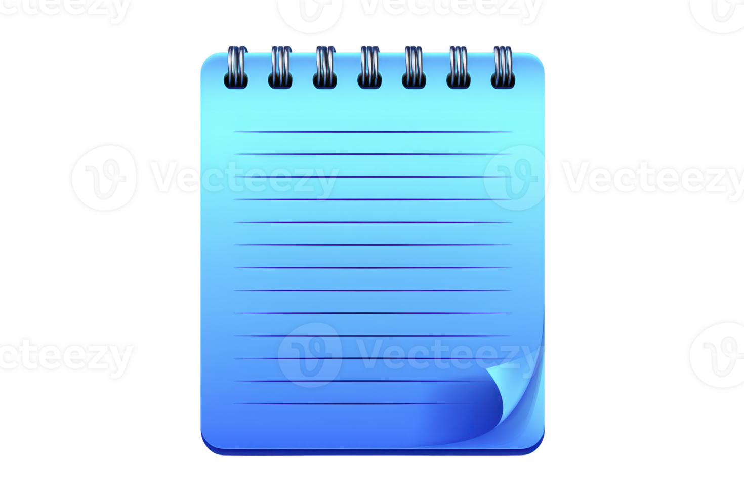 Blue spiral bound notepad icon with lined pages and curled corner, representing note taking or writing. design is simple and modern, suitable for digital applications png