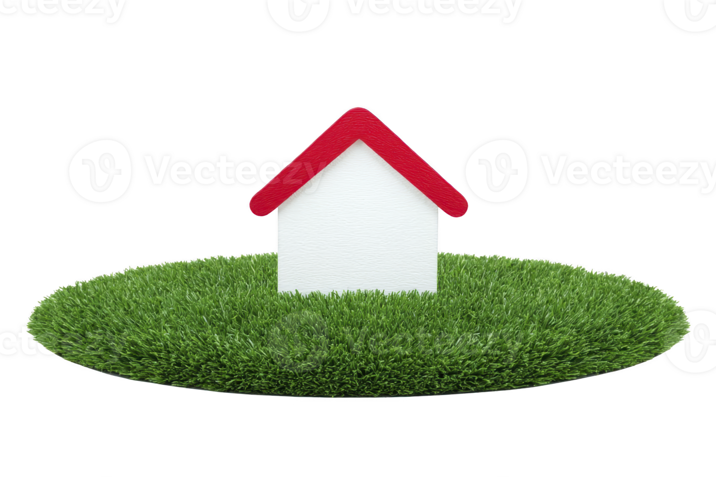 Small white house with red roof sits on circular patch of green grass, symbolizing home and nature. minimalist design evokes sense of simplicity and tranquility png