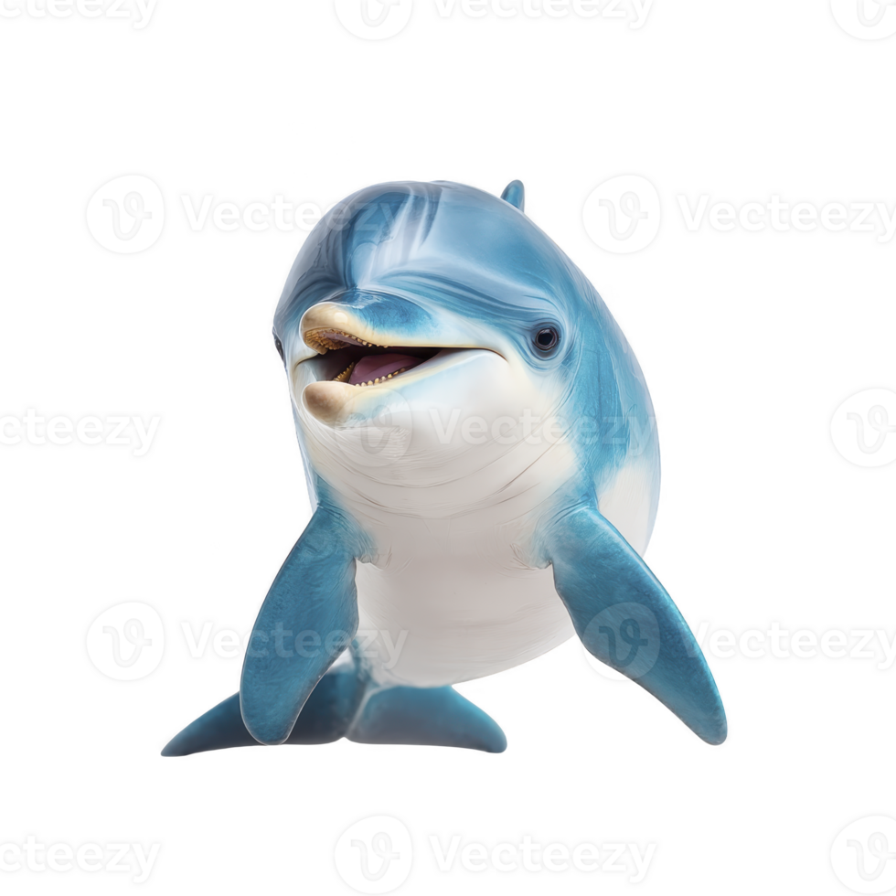 Playful dolphin with joyful expression is depicted, showcasing its smooth blue and white skin. dolphin fins are spread wide, and its mouth is open as if smiling png