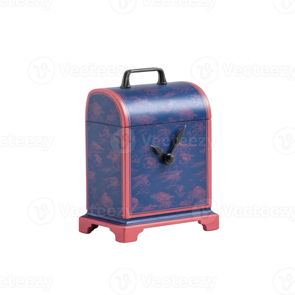 Decorative blue and red vintage style clock with handle and intricate patterns, featuring unique design that combines functionality with artistic flair png