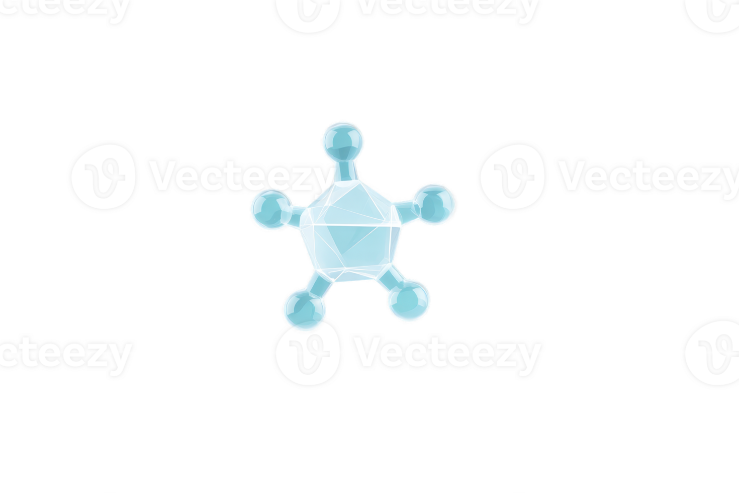 Geometric, blue molecule structure with central hexagon and six connected spheres, resembling chemical compound or network. design is minimalistic and abstract png