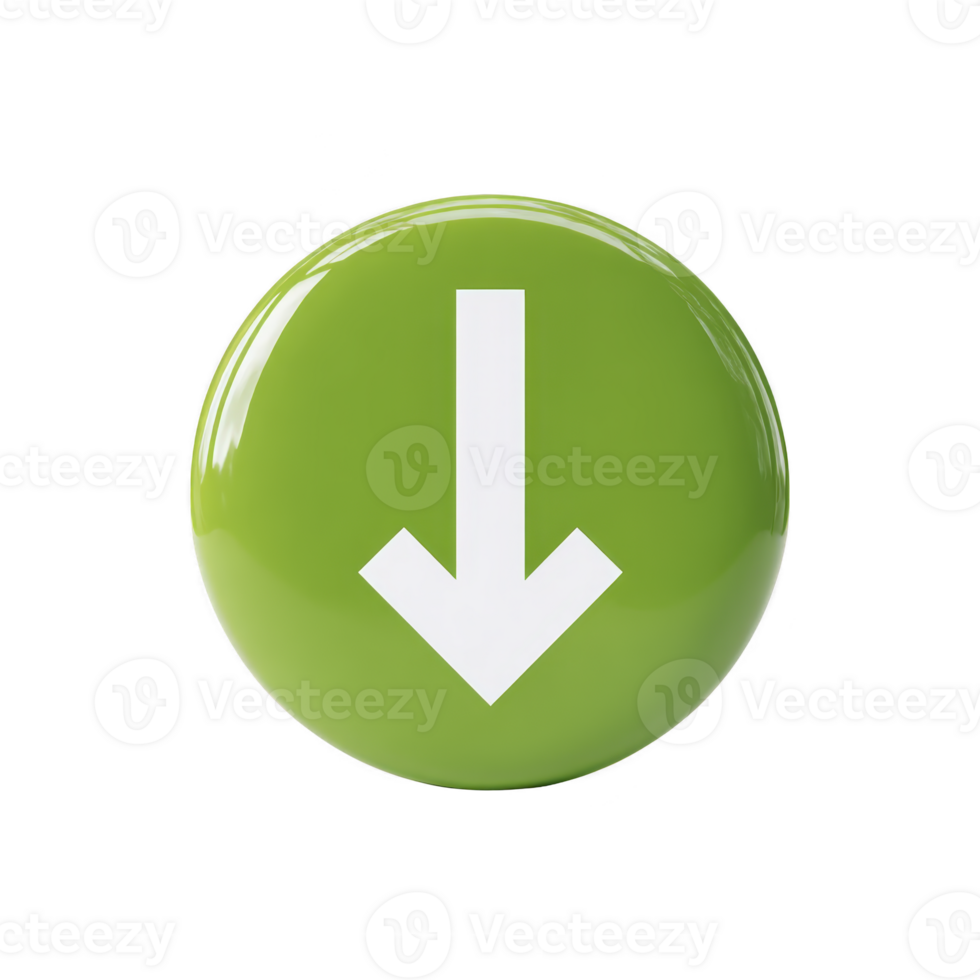 Glossy green button with white downward arrow symbol, representing download or navigation. button shiny surface adds modern and sleek touch to its design png
