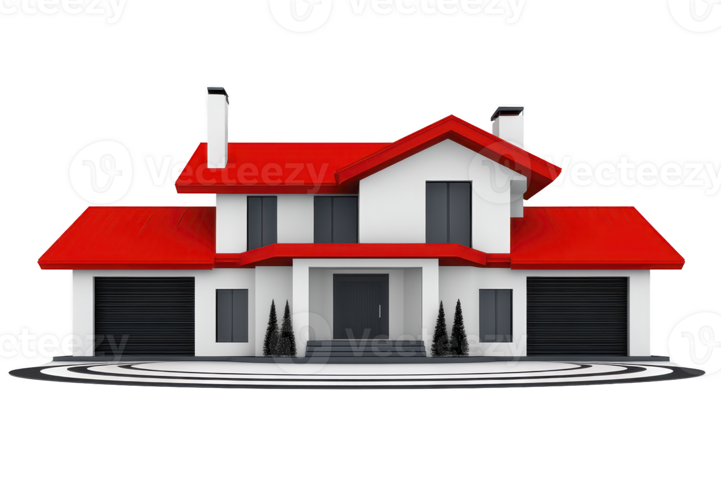 Modern two story house with striking red roof and white exterior, featuring multiple windows and central entrance. design is sleek and contemporary png