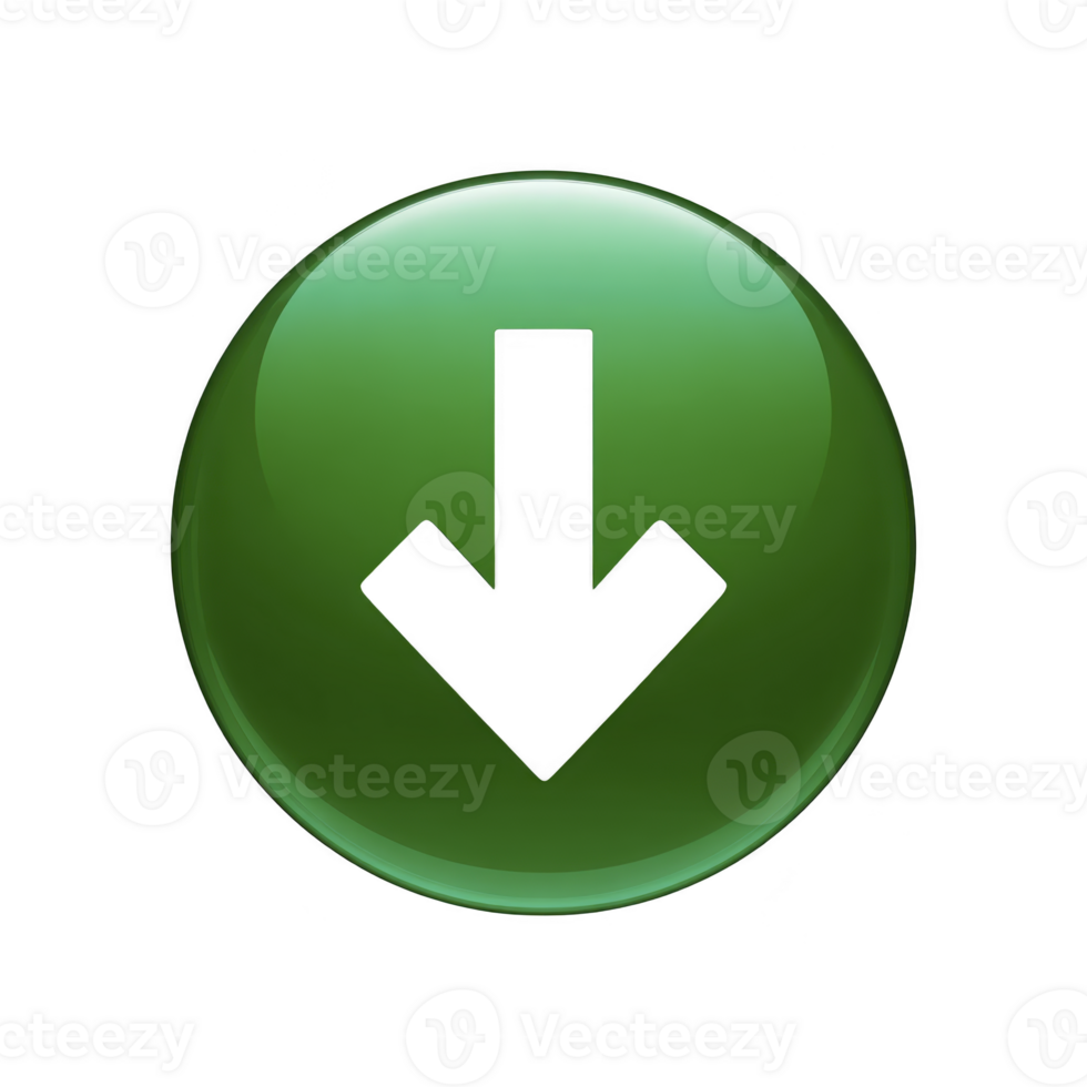 Glossy green button with downward arrow symbol, representing download or navigation. button has shiny, reflective surface, giving it modern and sleek appearance png