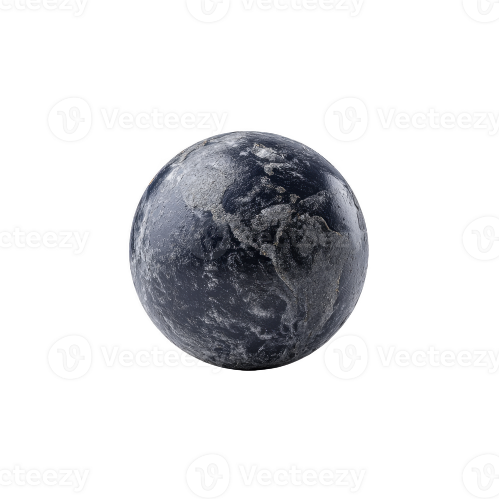 Digitally rendered image of Earth showcases dark, textured surface with visible continents and oceans, set against transparency background, evoking sense of mystery and wonder png