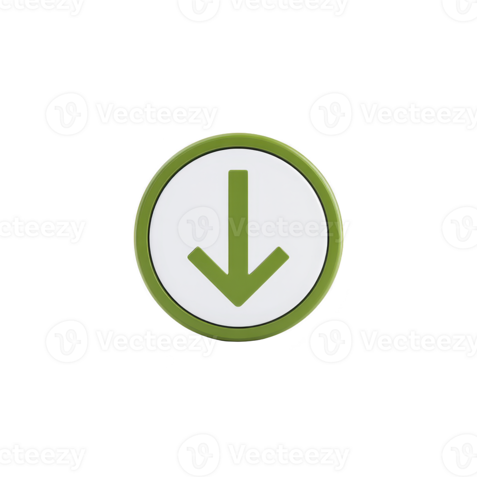 Green downward arrow icon on white circular background, symbolizing download or direction. simple design is clear and easily recognizable, often used in digital interfaces png