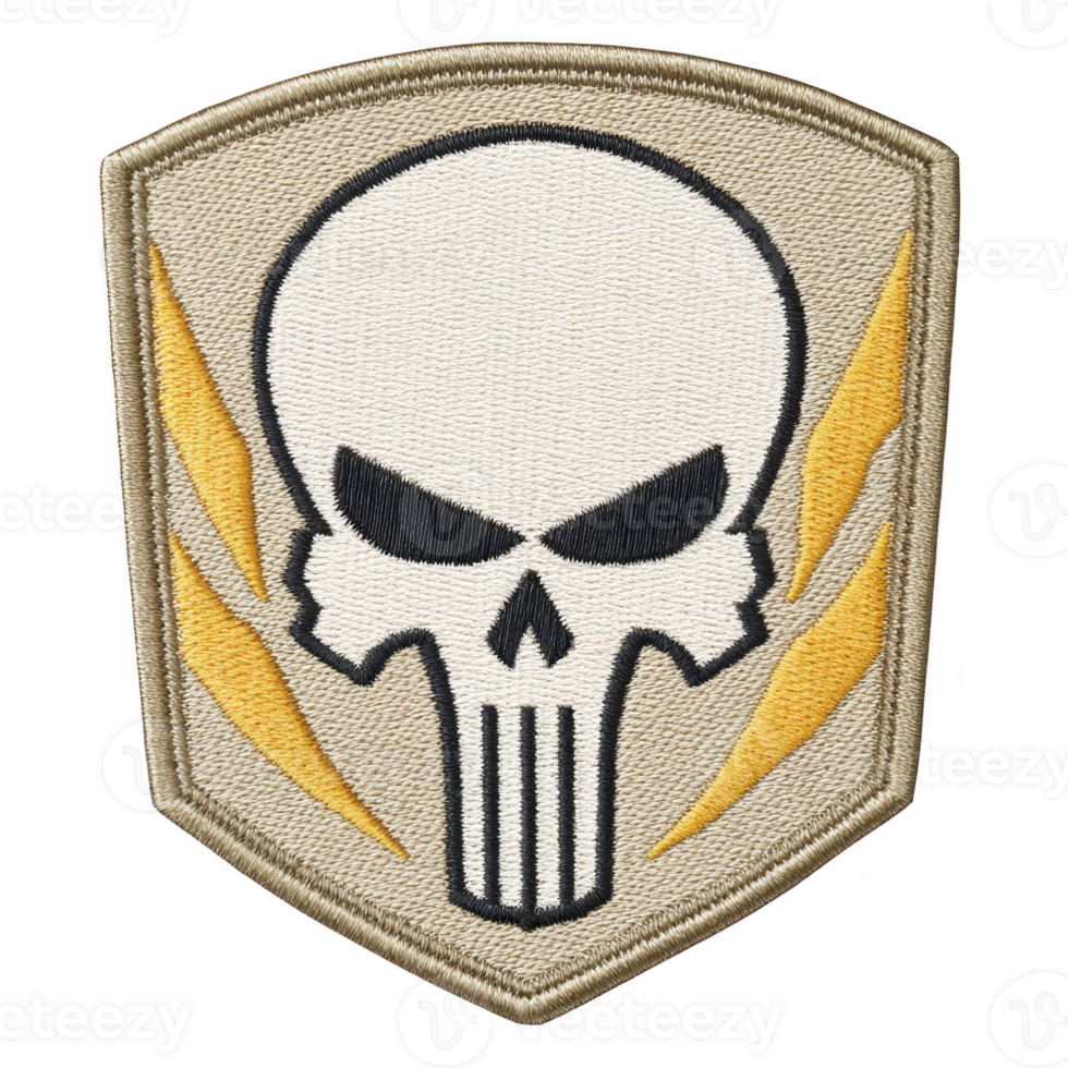 Skull emblem with fierce expression is embroidered on beige patch, featuring yellow lightning bolts on either side, creating bold and striking design png