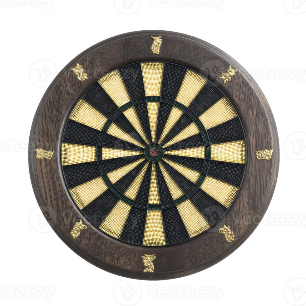 Round dartboard with wooden frame and decorative accents features classic black and yellow pattern, ideal for indoor games and entertainment png