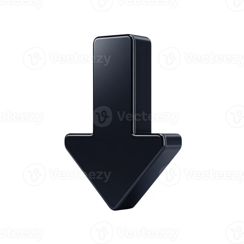 Sleek, glossy black 3D arrow pointing downward, symbolizing direction or download. arrow reflective surface adds modern and professional touch png