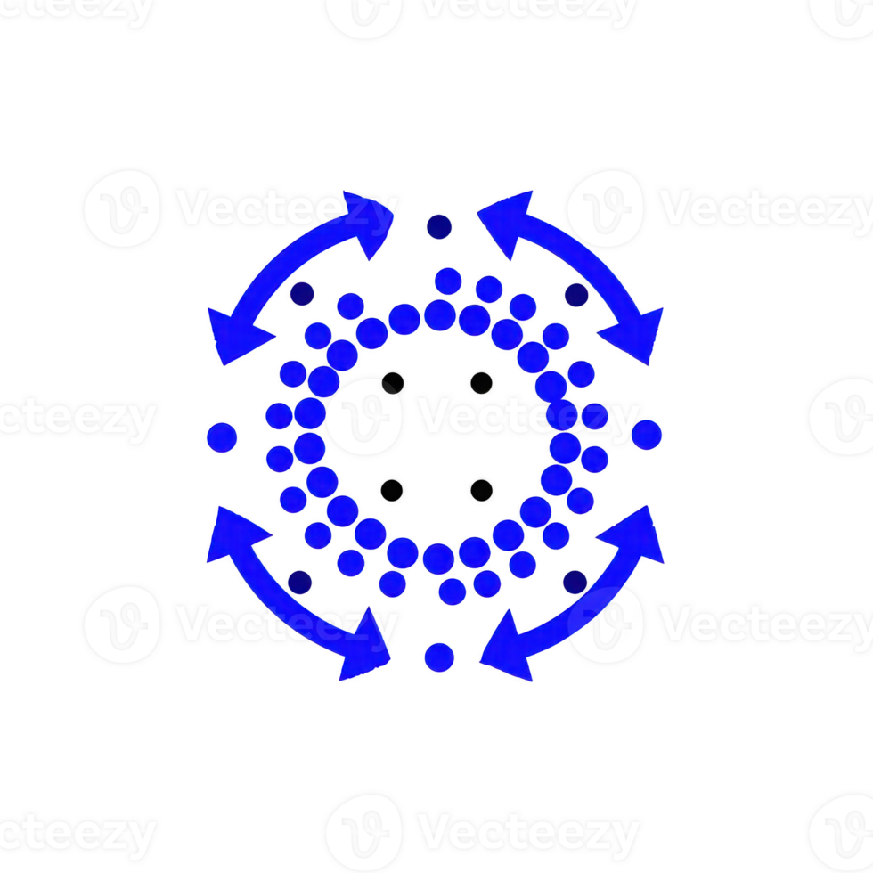This features blue circular pattern with arrows and dots, symbolizing movement or flow. design is abstract and symmetrical, with central focus and outward direction.abstract design with blue png
