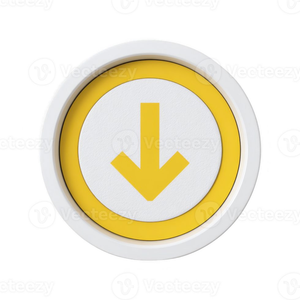 Round button with yellow arrow pointing downward is centered on transparency background, symbolizing download or direction. design is simple and modern, with clean aesthetic png