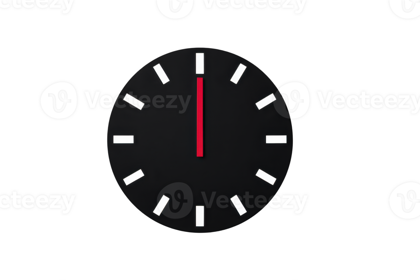 Minimalist black clock face with white hour markers and single red hand pointing at twelve, symbolizing precision and simplicity png